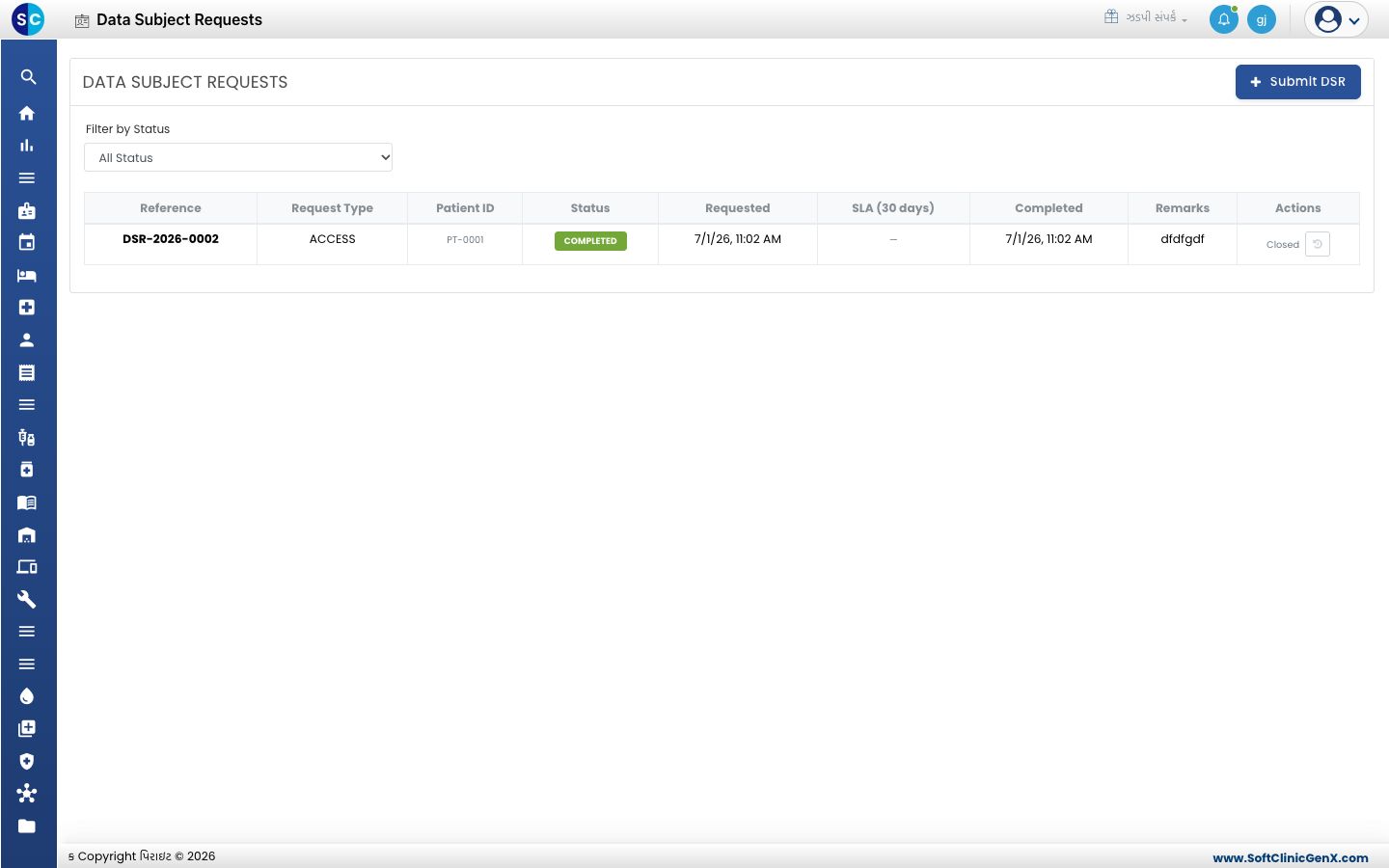 Reference, Request Type, Patient ID, Status, Requested, SLA, Completed અને Remarks સાથેની Data Subject Requests યાદી.