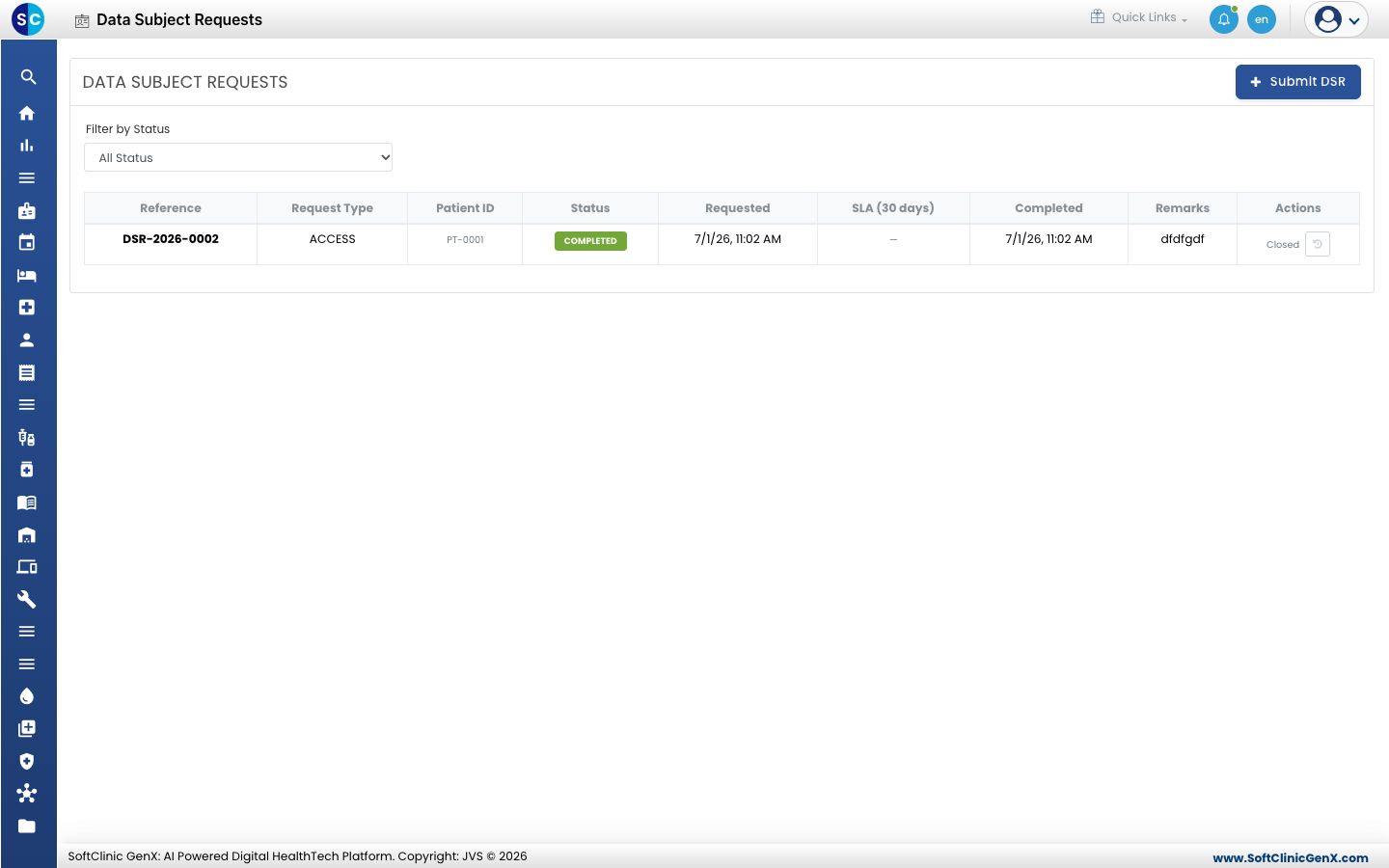 The Data Subject Requests list with Reference, Request Type, Patient ID, Status, Requested, SLA, Completed and Remarks.