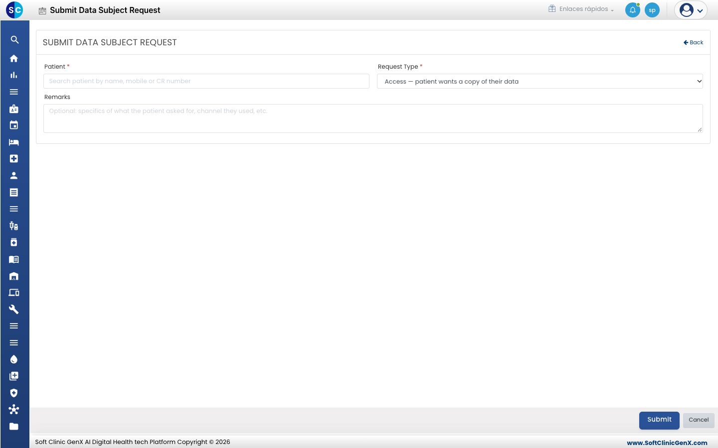 El formulario Submit Data Subject Request con Patient, Request Type y Remarks.
