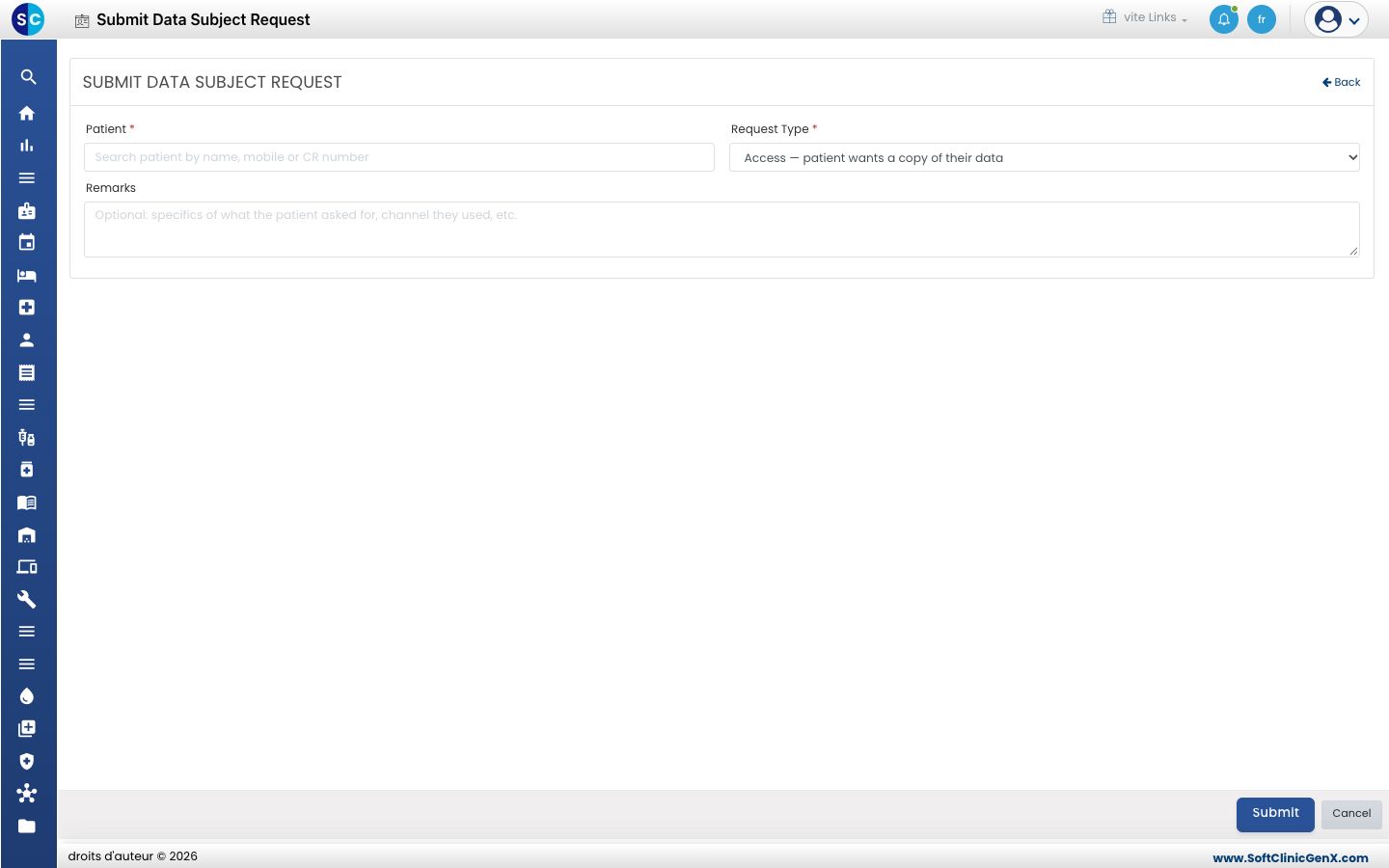 Le formulaire Submit Data Subject Request avec Patient, Request Type et Remarks.