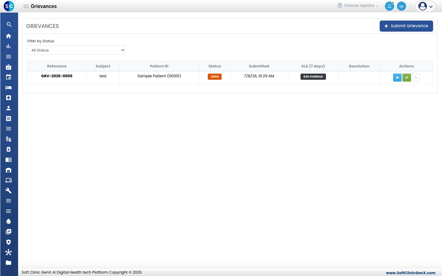La lista Grievances con Reference, Subject, Patient ID, Status, Submitted, SLA y Resolution.