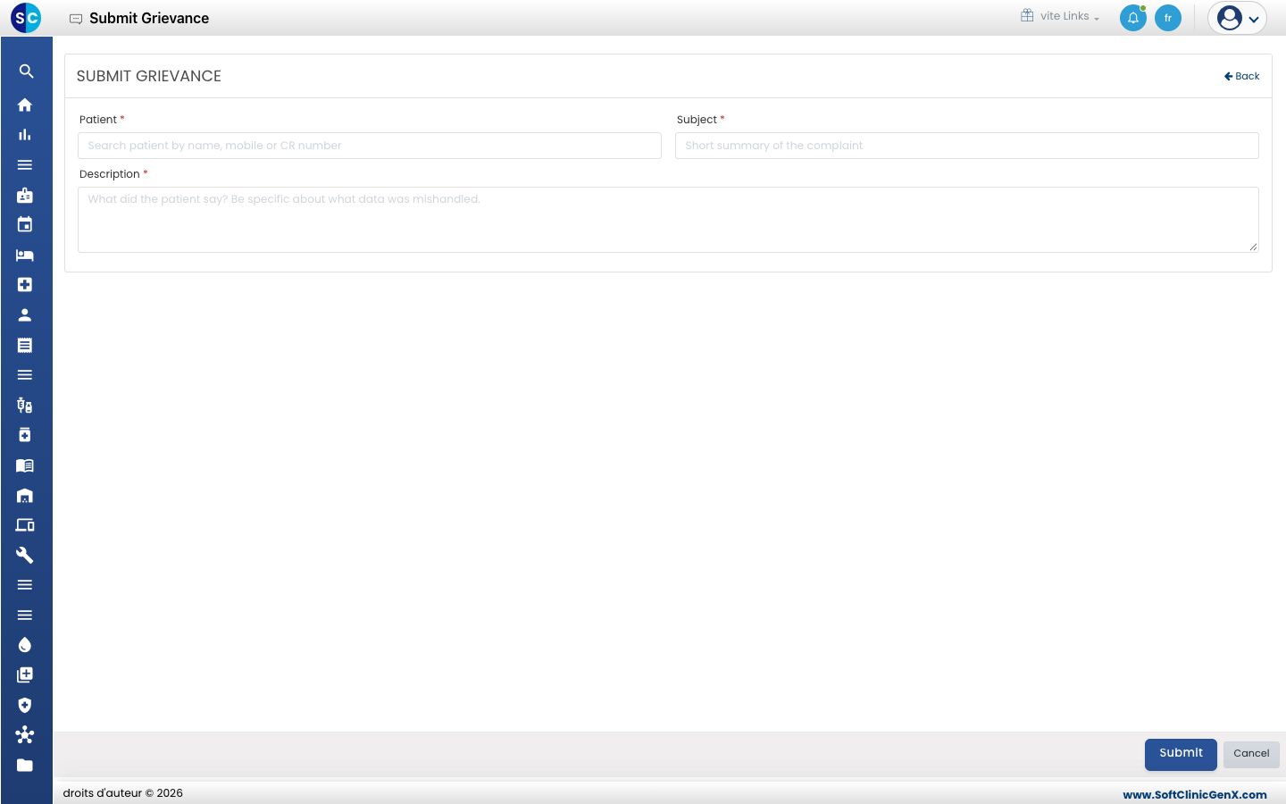 Le formulaire Submit Grievance avec Patient, Subject et Description.