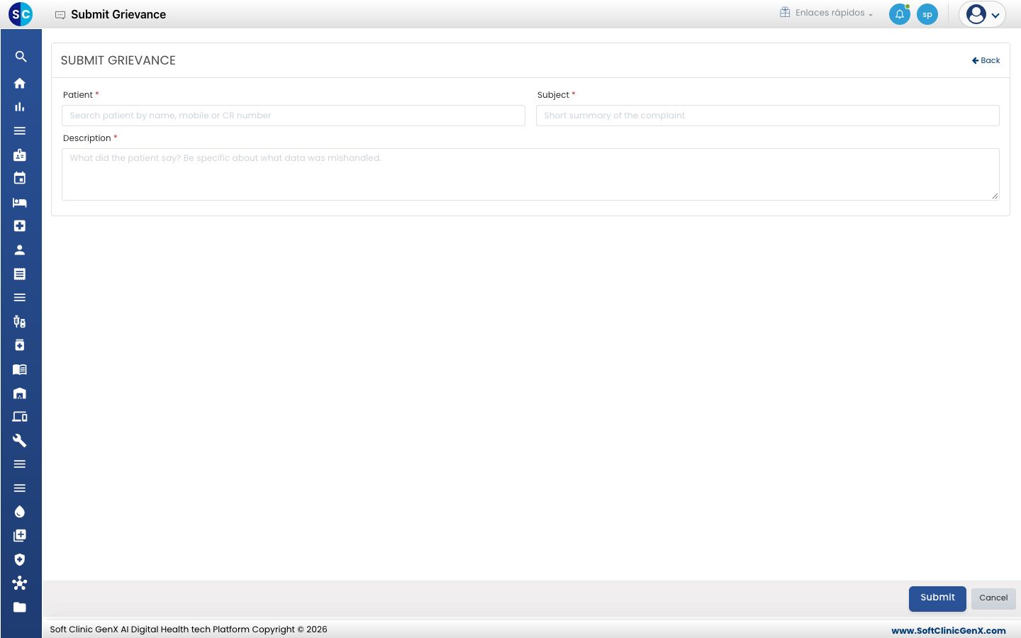 El formulario Submit Grievance con Patient, Subject y Description.
