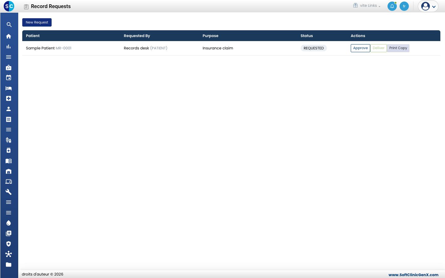 La liste Record Requests avec Patient, Requested By, Purpose, Status et Actions.