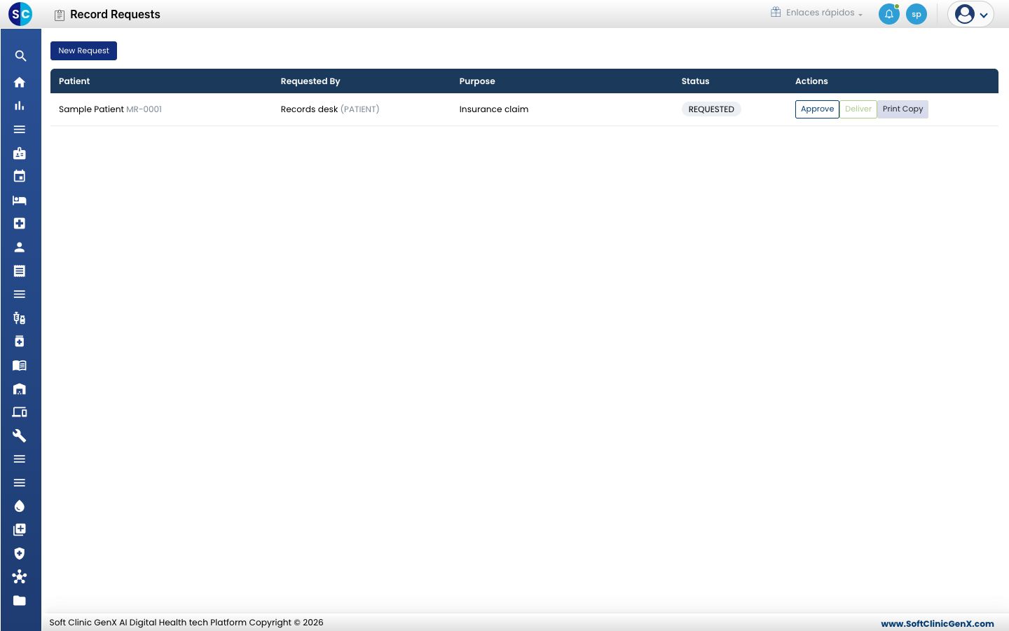 La lista de Record Requests con Patient, Requested By, Purpose, Status y Actions.
