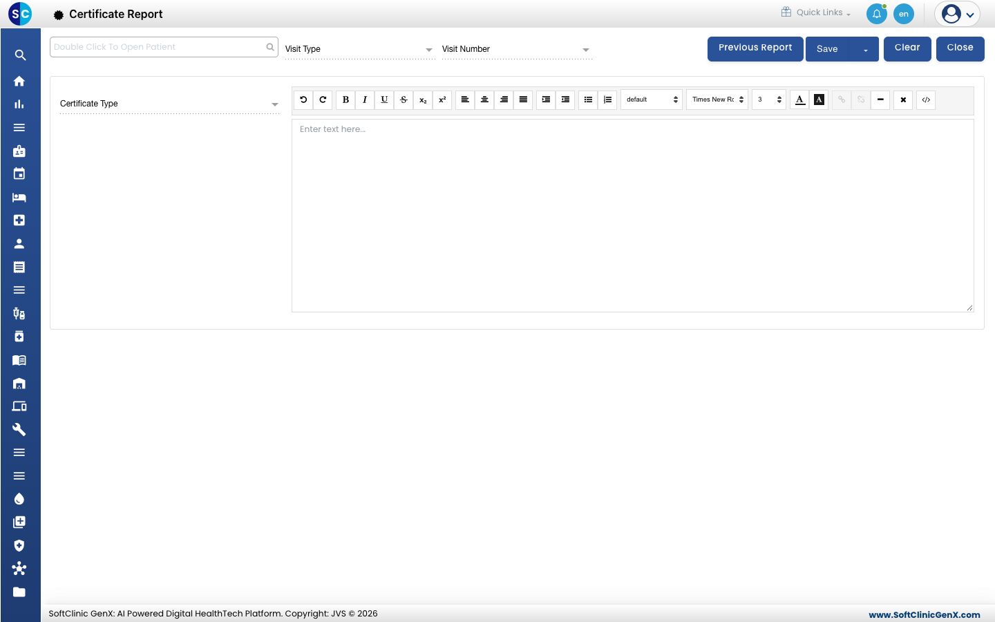 The Certificate Report screen with the patient search box, Visit Type, Visit Number, Certificate Type and the editor.