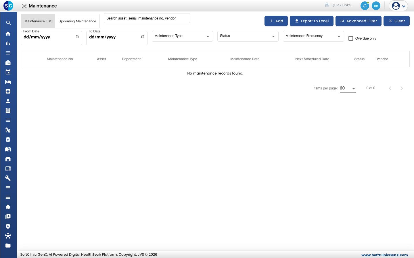 The Maintenance list with its filters and the Add, Export to Excel, Advanced Filter and Clear buttons.