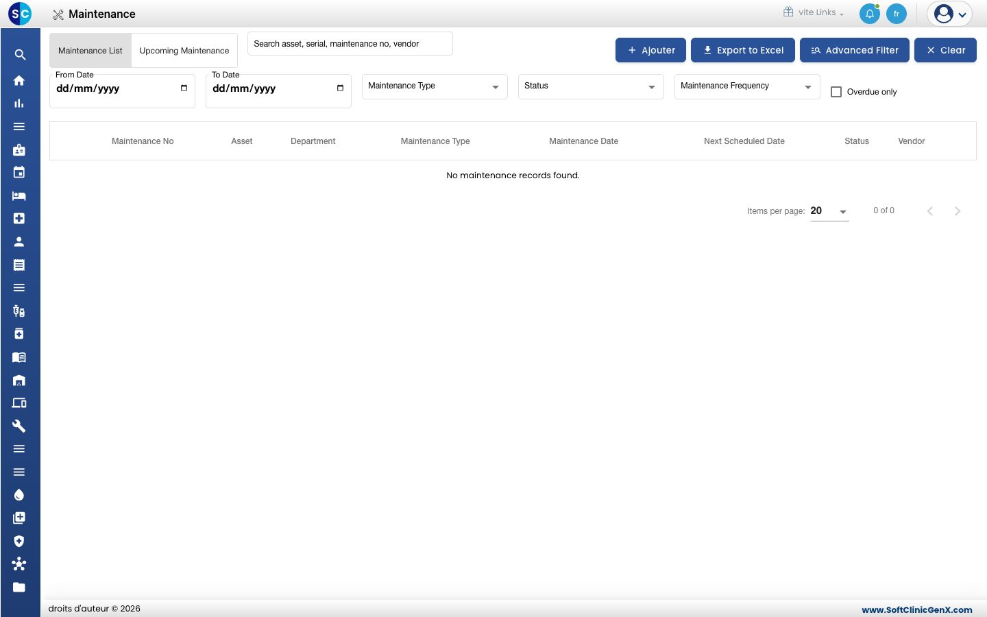 La liste Maintenance avec ses filtres et les boutons Ajouter, Export to Excel, Advanced Filter et Clear.