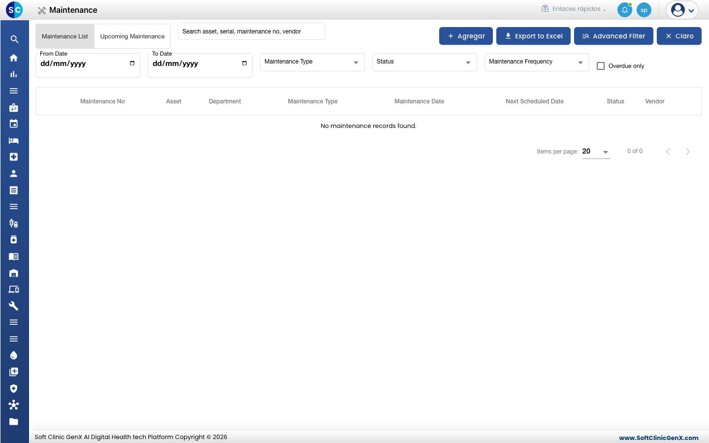 La lista de Maintenance con sus filtros y los botones Agregar, Export to Excel, Advanced Filter y Claro.