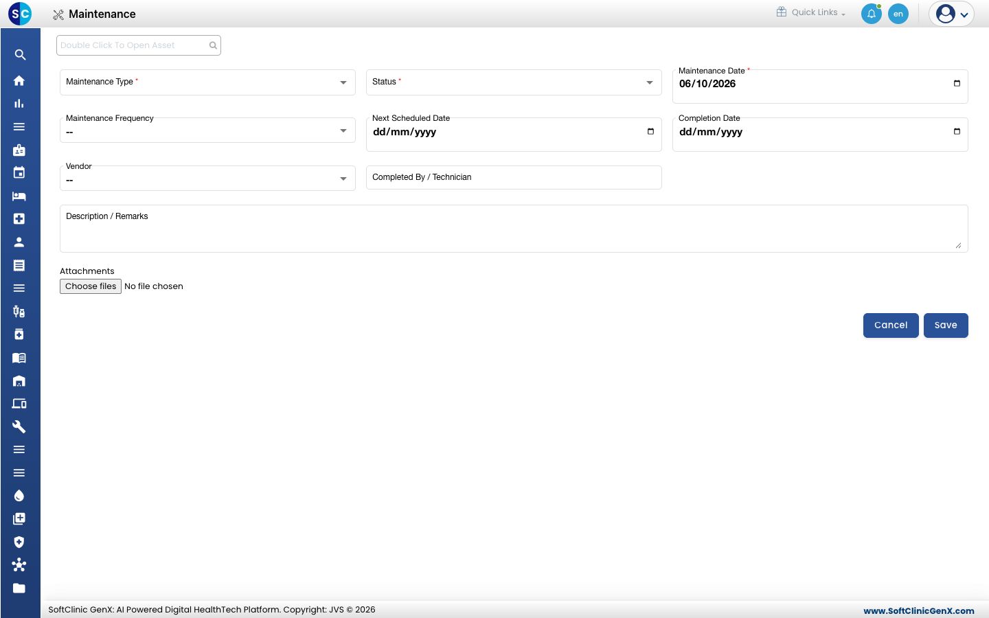 The Maintenance form with the maintenance type, status, dates, vendor, technician, remarks and attachments.