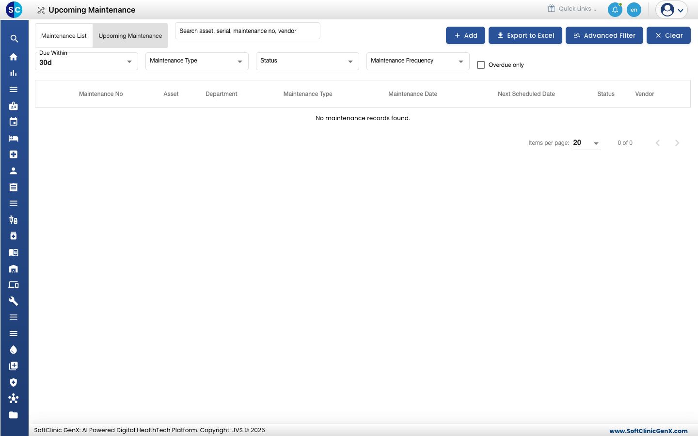 The Upcoming Maintenance tab with the Due Within filter.