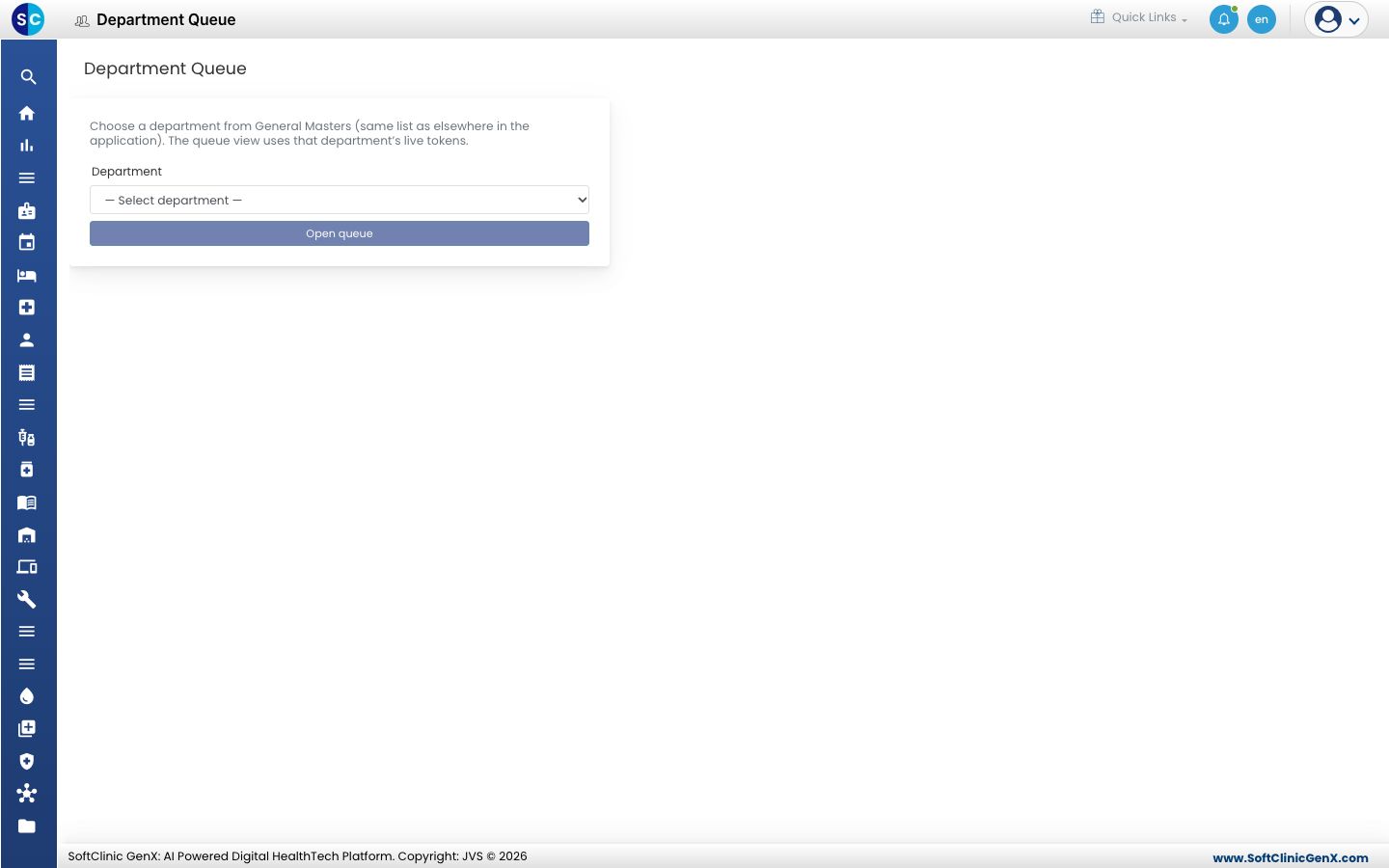 The Department Queue page with the department box and the Open queue button.