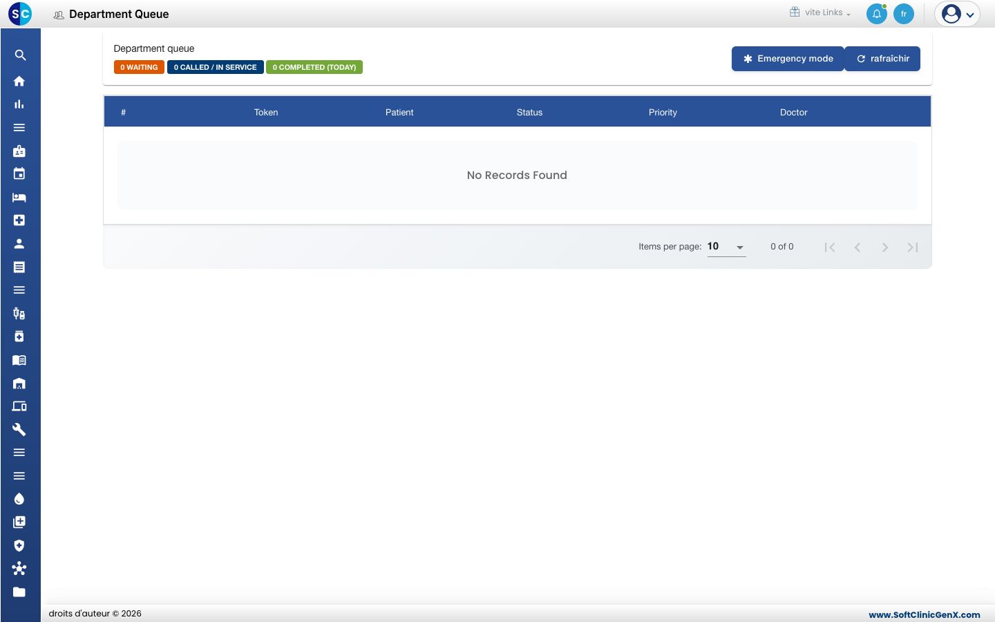 La file du service Emergency avec ses compteurs et le bouton Emergency mode.