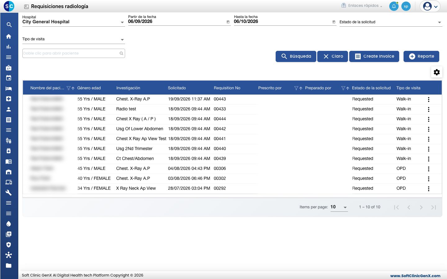 La lista de trabajo Radiology Requisitions con el botón Create Invoice arriba a la derecha.