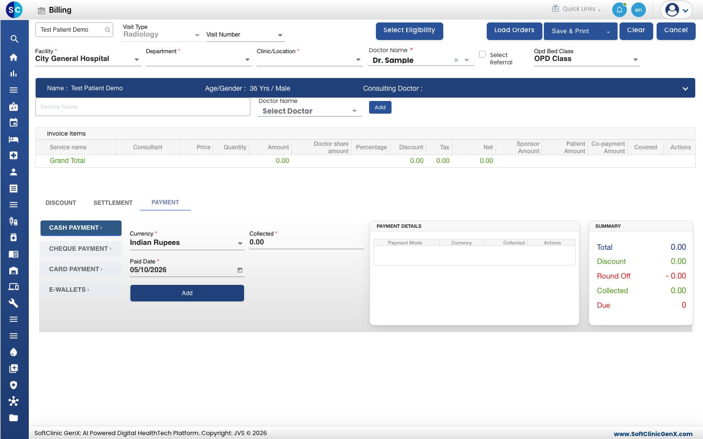 The billing screen after a patient is picked.
