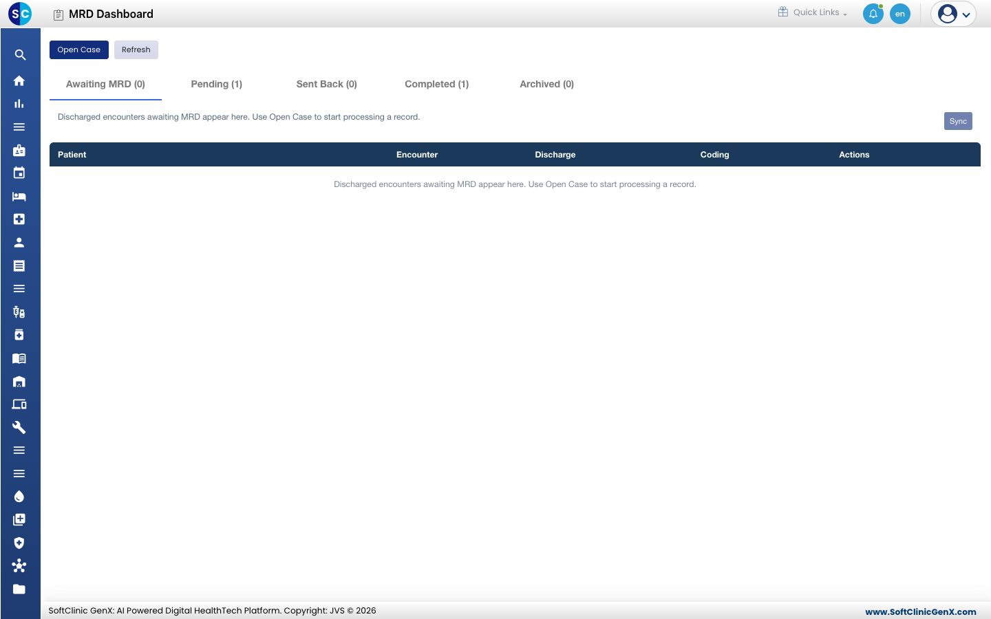 The MRD Dashboard with the five stage tabs. Discharged encounters waiting for MRD appear under Awaiting MRD.