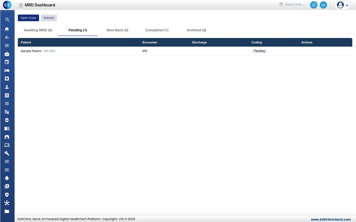 The Pending tab listing a record with its encounter, discharge and coding status.