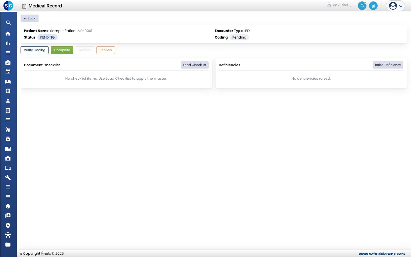 Medical Record સ્ક્રીન, જેમાં સ્ટેટસ, કોડિંગ, Verify Coding, Complete, Archive અને Reopen બટન, Document Checklist અને Deficiencies દેખાય છે.