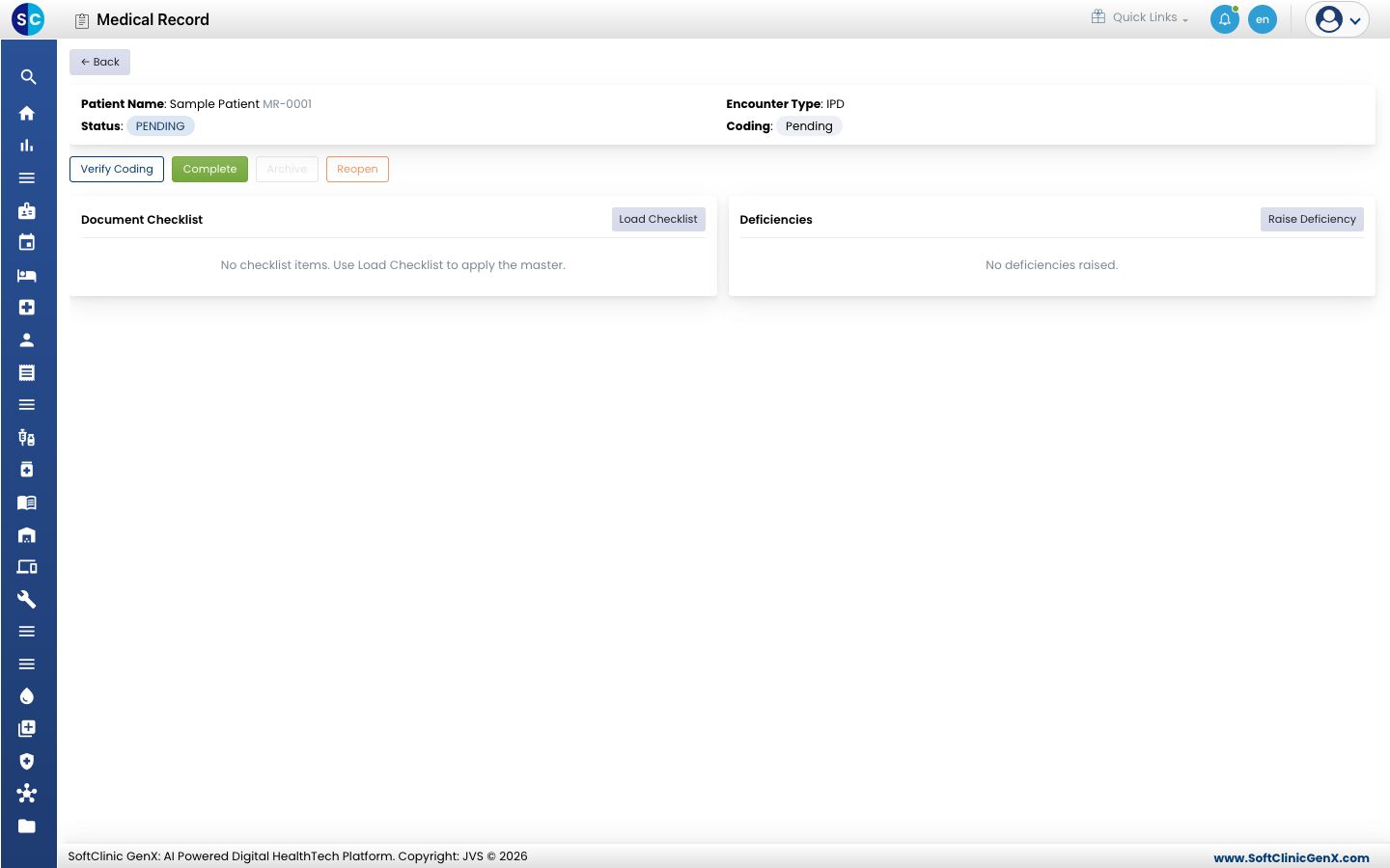 The Medical Record screen with the status, coding and the Verify Coding, Complete, Archive and Reopen buttons, the Document Checklist and the Deficiencies.