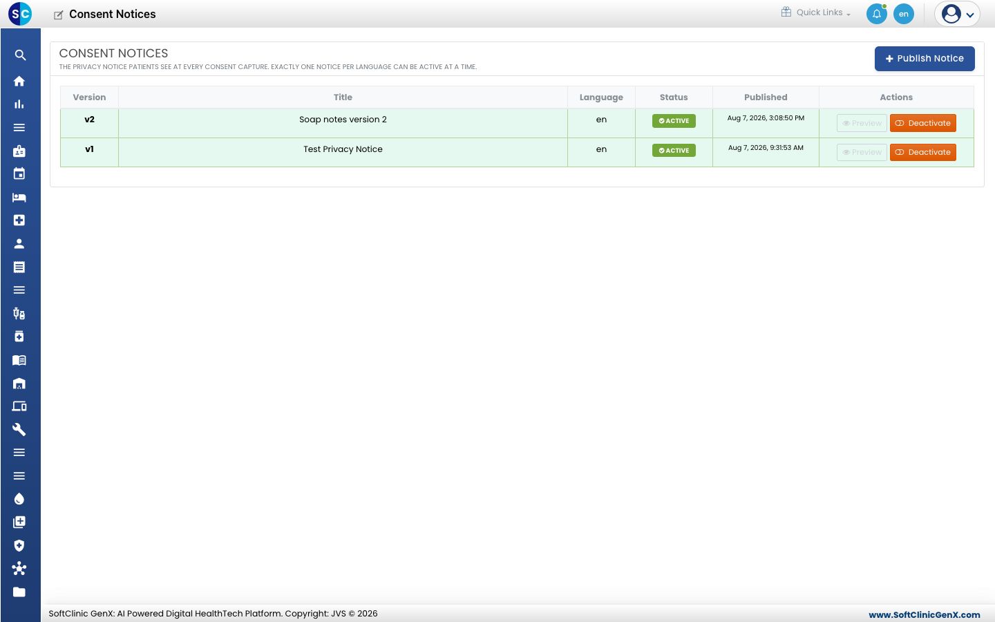 The Consent Notices list with Version, Title, Language, Status and Published.