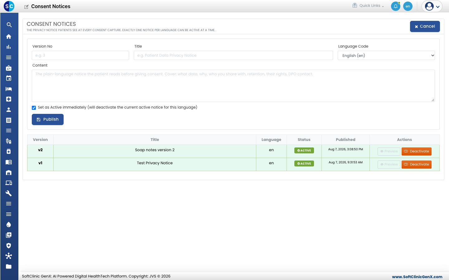 The Publish Notice form with Version No, Title, Language Code and Content.