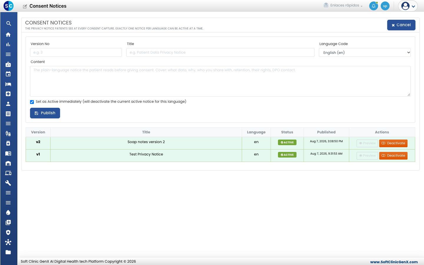 El formulario Publish Notice con Version No, Title, Language Code y Content.
