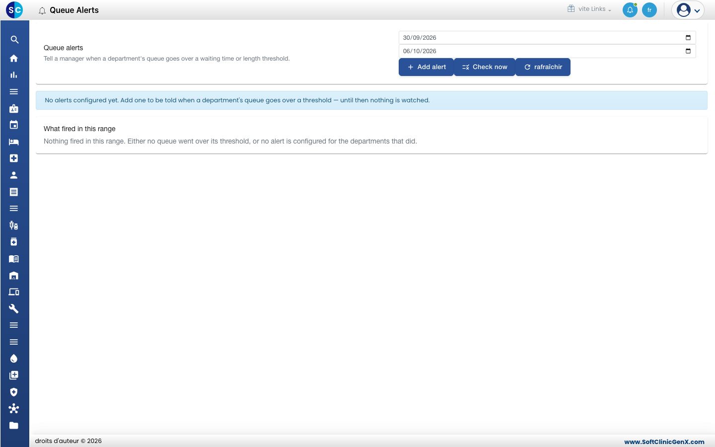L'écran Queue alerts avec Add alert, Check now et Refresh.