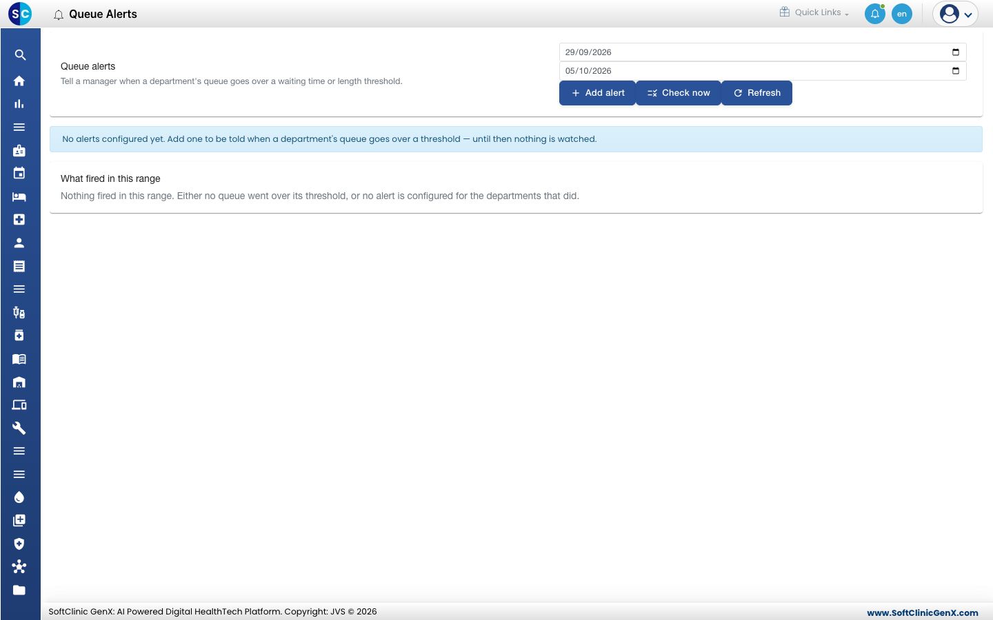 The Queue alerts screen with Add alert, Check now and Refresh.
