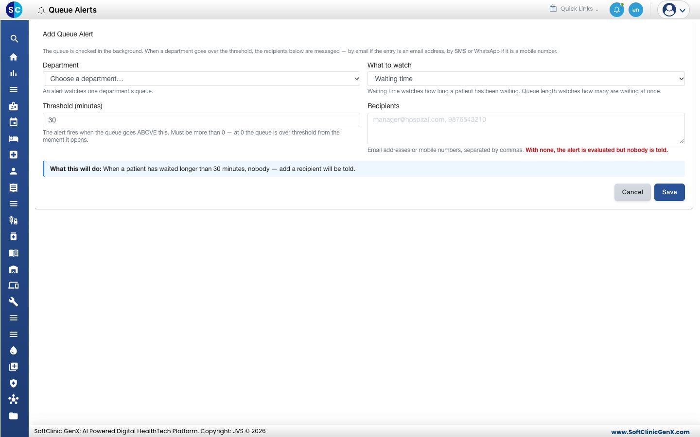 The Add Queue Alert form.