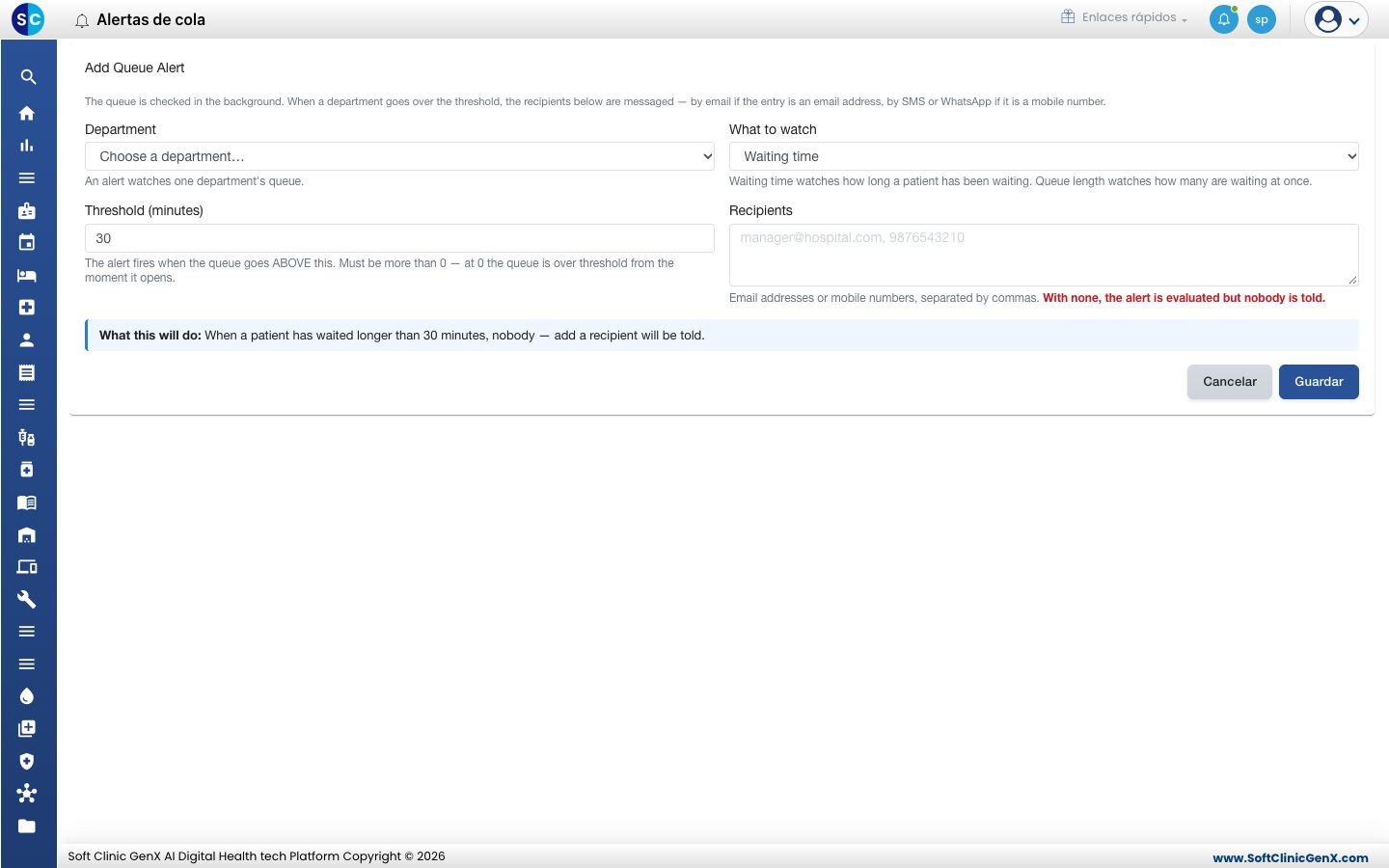 El formulario Add Queue Alert.