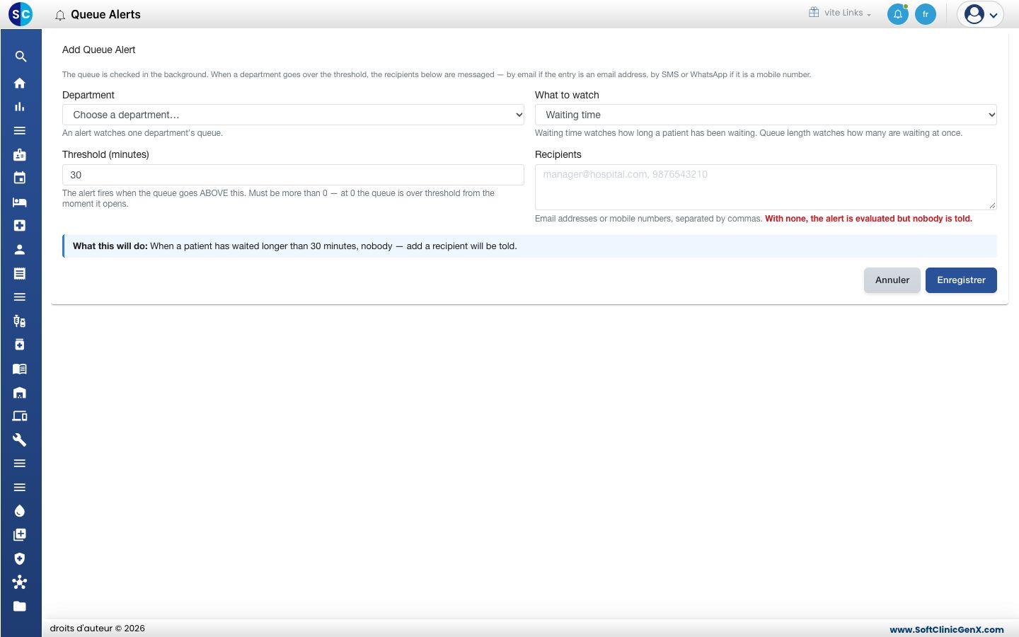 Le formulaire Add Queue Alert.