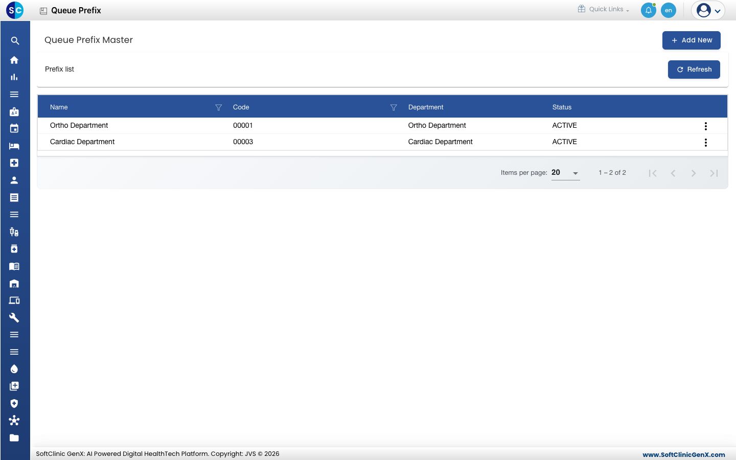The Queue Prefix Master list with name, code, department and status.