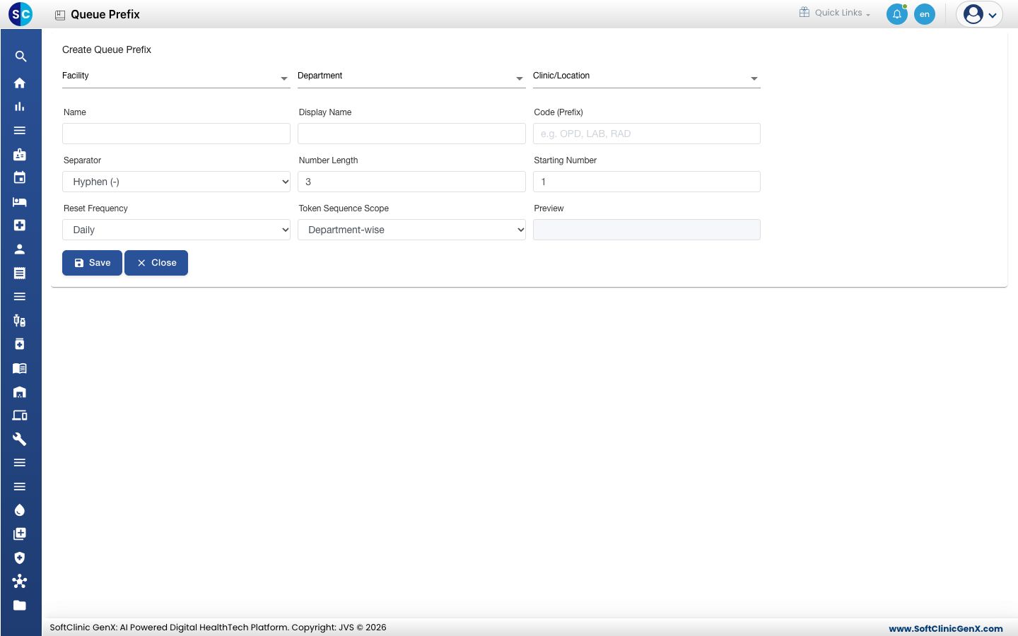The Create Queue Prefix form before anything is entered.