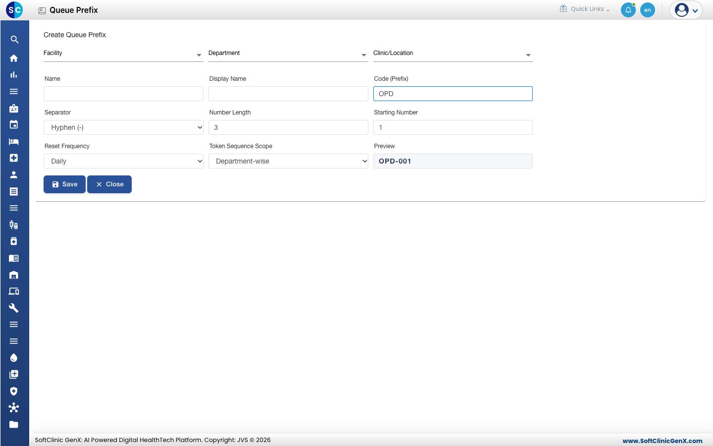 The form with the code OPD entered and the preview OPD-001.