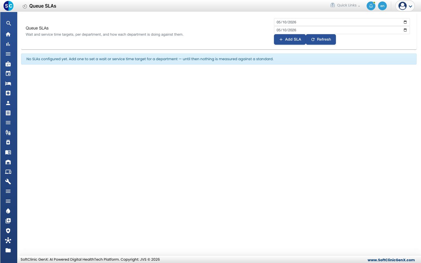 The Queue SLAs screen. Until an SLA is added, nothing is measured against a standard.
