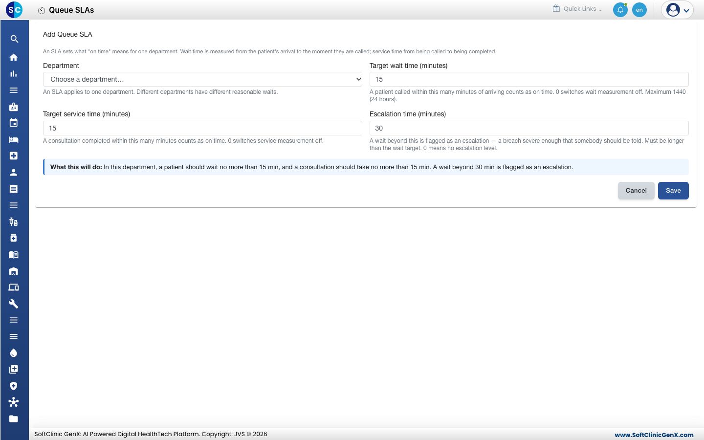 The Add Queue SLA form with a summary of the targets.