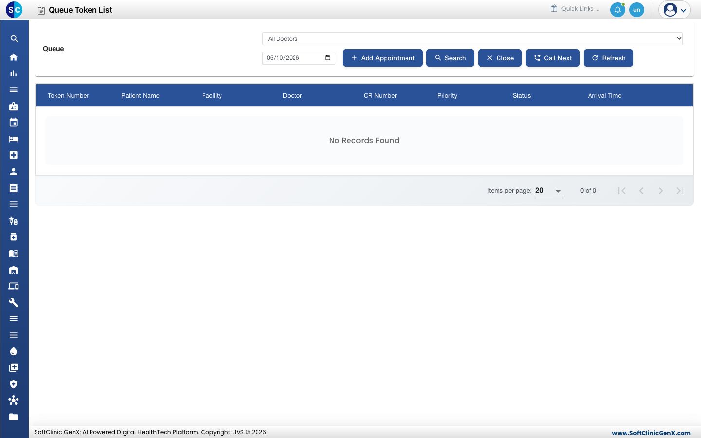 The Queue Token List with the doctor filter, date and the Add Appointment, Search, Close, Call Next and Refresh buttons.