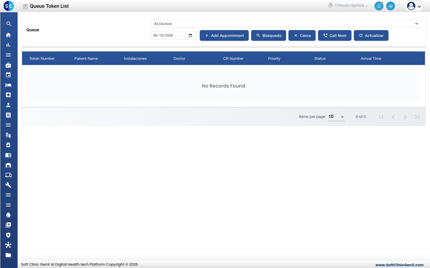 La Queue Token List con el filtro de médico, la fecha y los botones Add Appointment, Search, Close, Call Next y Refresh.