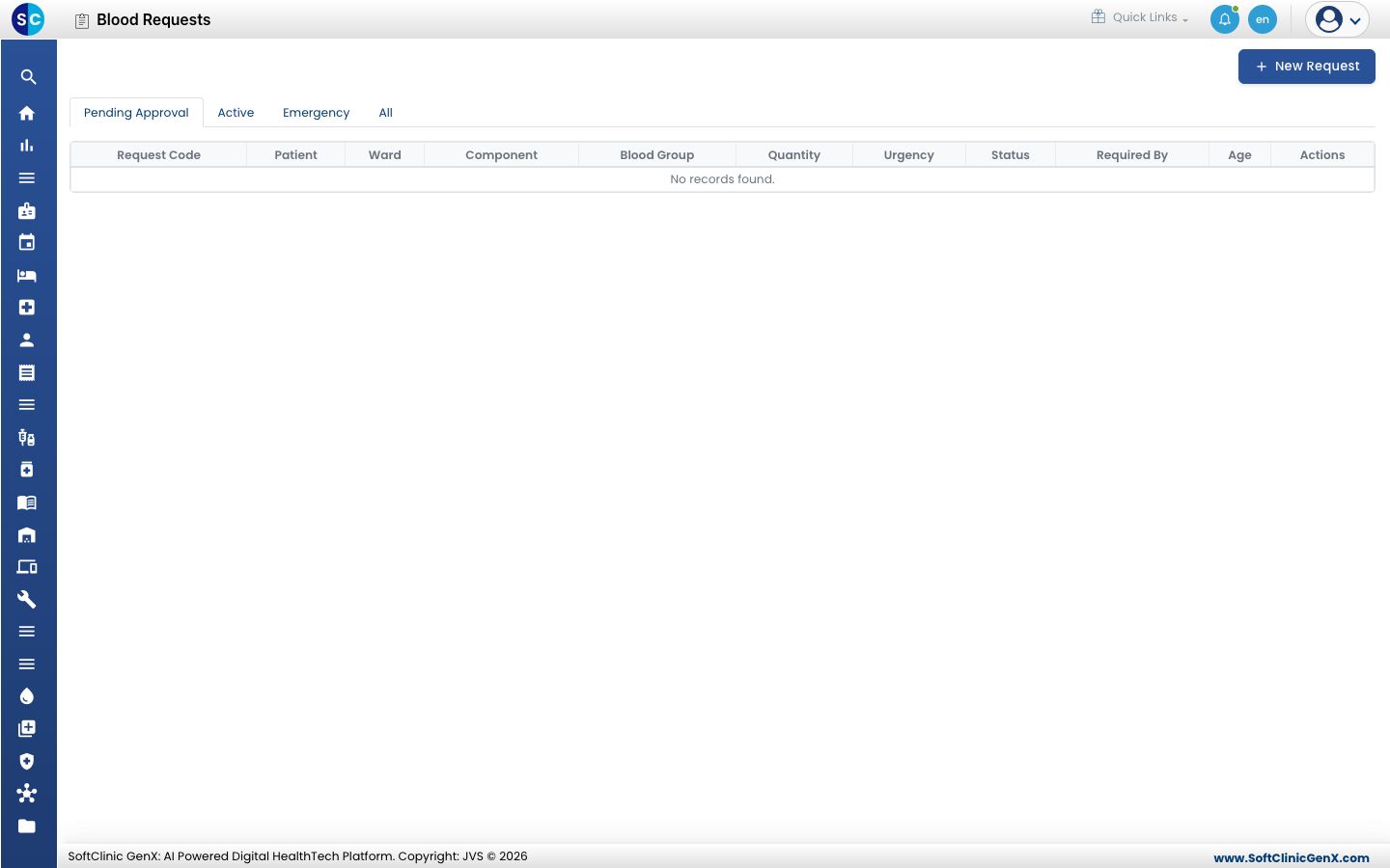 The Blood Requests list with its tabs and the New Request button.