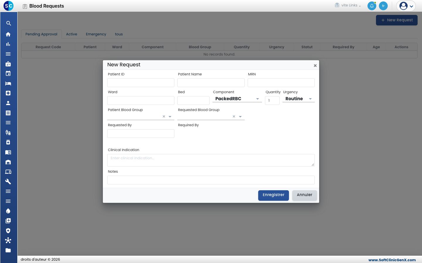 Le formulaire New Request avec patient, service, lit, composant, quantité, urgence, groupes sanguins et indication clinique.