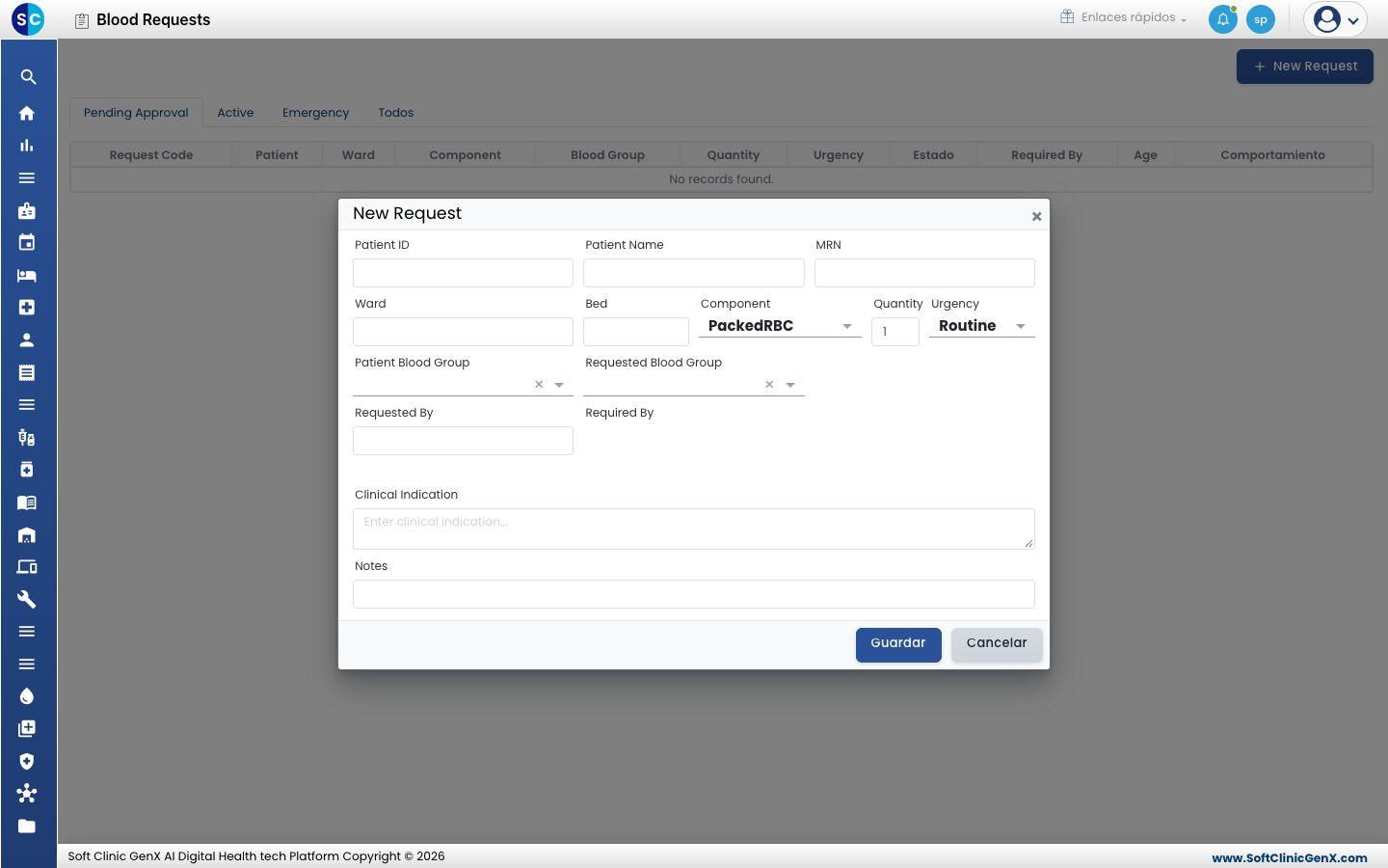 El formulario New Request con paciente, sala, cama, componente, cantidad, urgencia, grupos sanguíneos e indicación clínica.