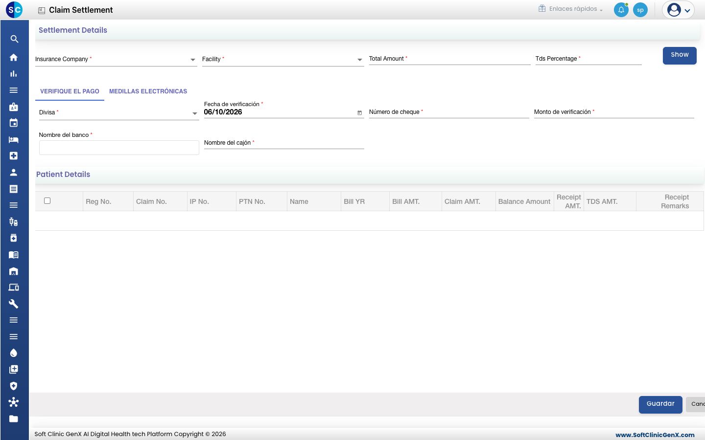 La pantalla Claim Settlement con Settlement Details, las pestañas de pago y Patient Details.