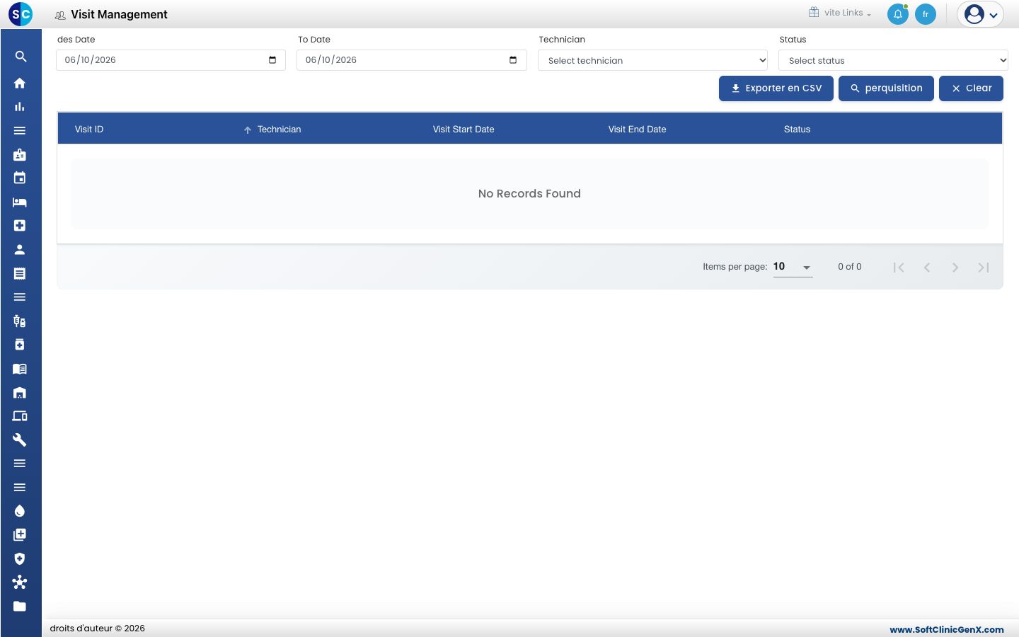 La liste Visit Management avec Visit ID, Technician, Visit Start Date, Visit End Date et Status.
