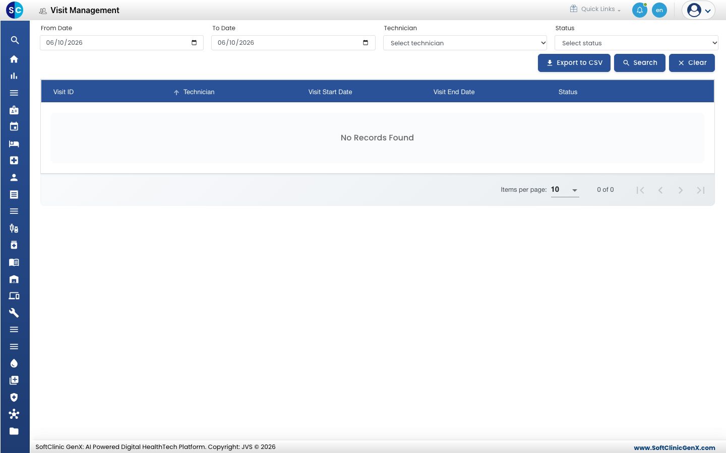 The Visit Management list with Visit ID, Technician, Visit Start Date, Visit End Date and Status.