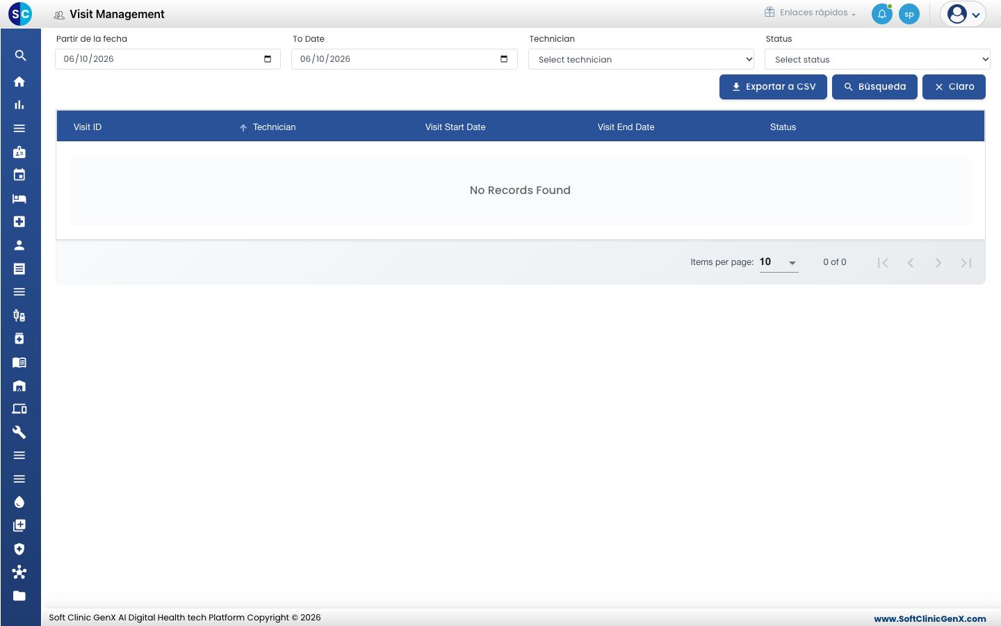 La lista de Visit Management con Visit ID, Technician, Visit Start Date, Visit End Date y Status.