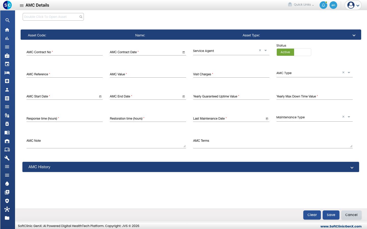 The AMC Details form with the contract number, date, service agent, value, dates, uptime and response terms.