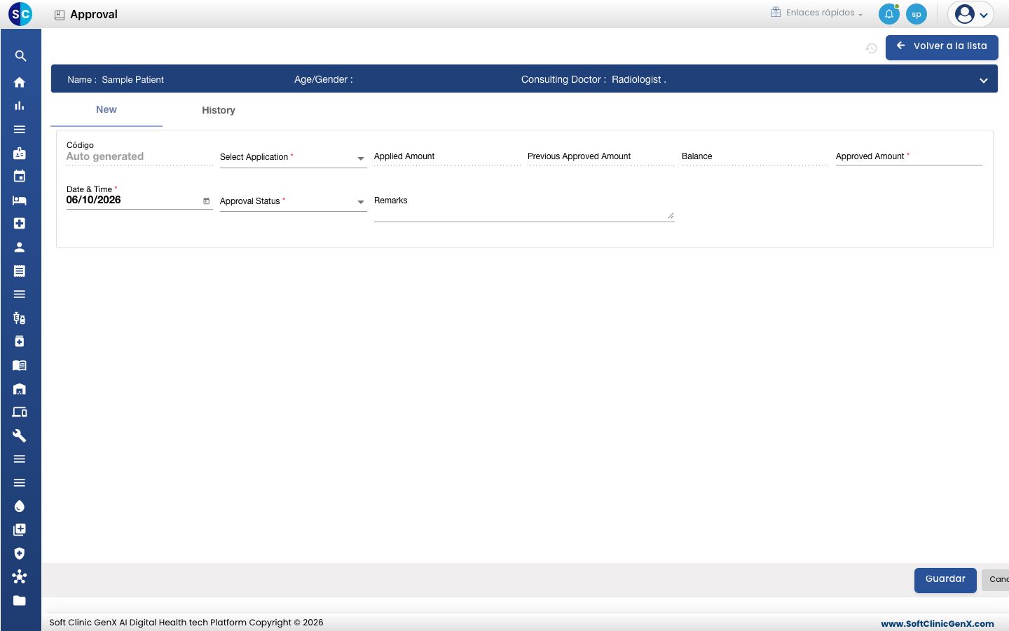 La pantalla Approval con Select Application, Approved Amount, Approval Status y Remarks.