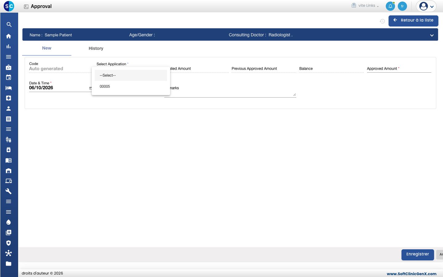 La liste Select Application avec le code de la demande.
