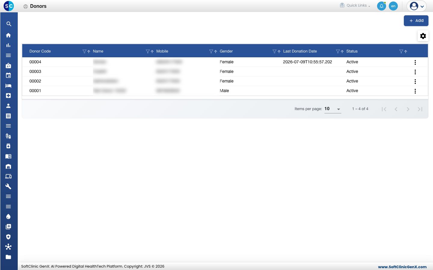 The Donors list with Donor Code, Name, Mobile, Gender, Last Donation Date and Status.