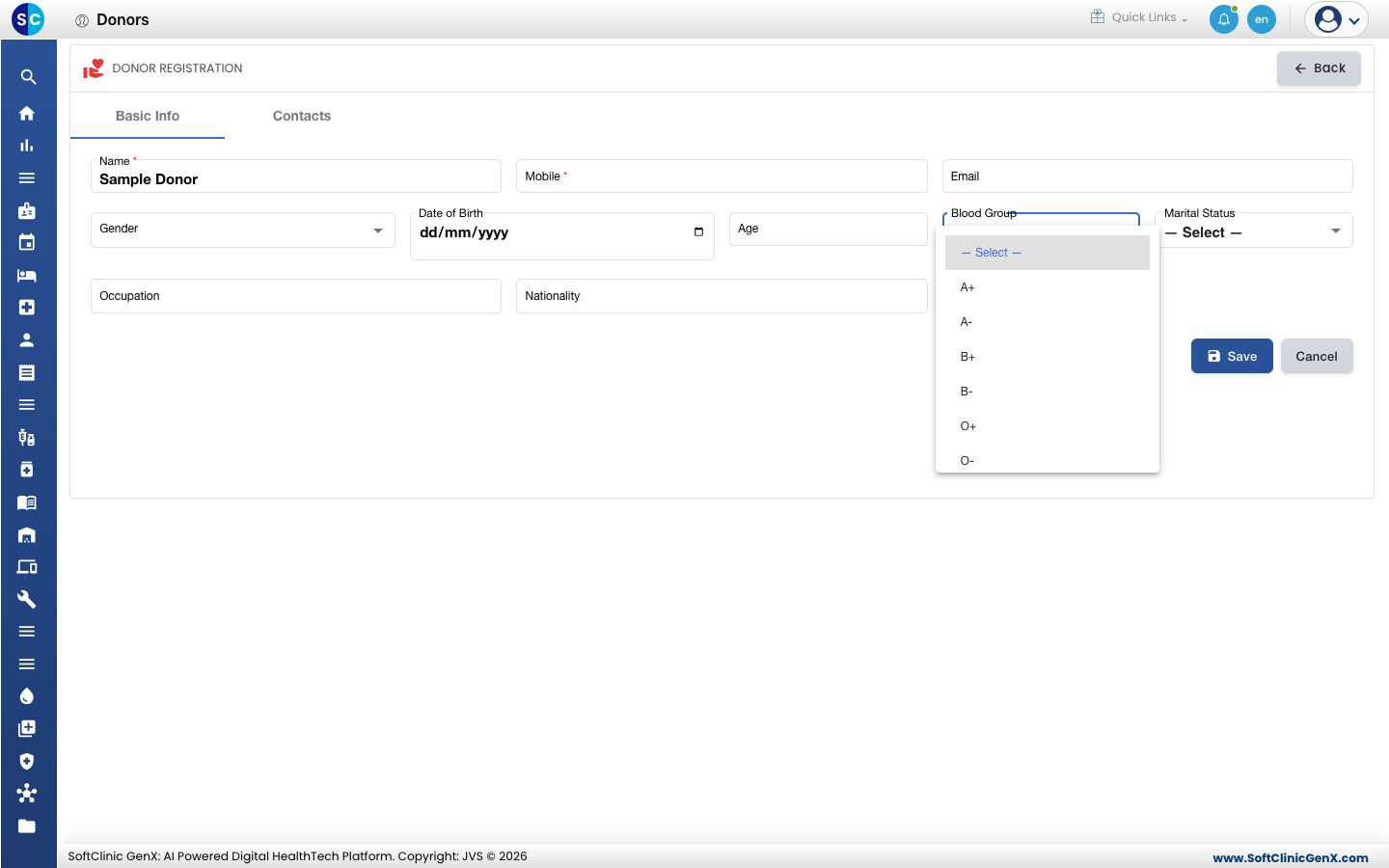 The Blood Group list with A+, A-, B+, B-, O+ and O-.